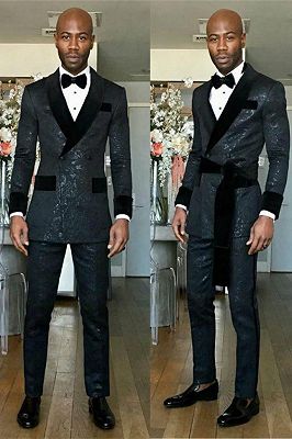 Kingston Black Shawl Lapel Double Breasted Slim Fit Wedding Groom Suits_1