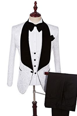 Dillon White Three Pieces Fashion Jacquard Shawl Lapel Wedding Suits_1