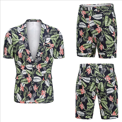tylish Hawaiian Leaf Printed Summer Men's Suit | 2 Piece Casual Short Cotton Suits for Beach_5