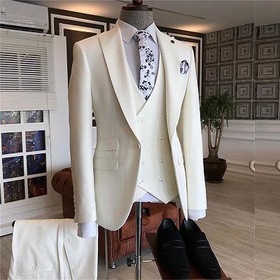 Caiden White Three Pieces Peaked Lapel Bespoke Men Suits for Wedding