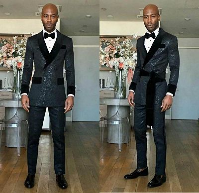 Kingston Black Shawl Lapel Double Breasted Slim Fit Wedding Groom Suits_2