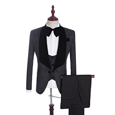 Xander Black Jacquard Three-Pieces Shawl Lapel Wedding Suits for Men