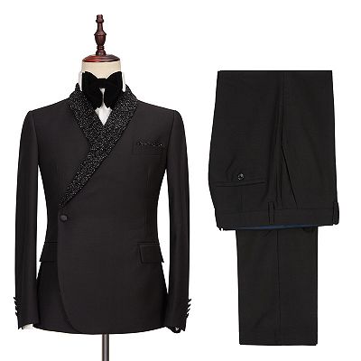 Colby Sparkly Shawl Lapel Black One Button Wedding Suits_3