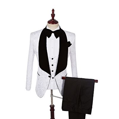 Dillon White Three Pieces Fashion Jacquard Shawl Lapel Wedding Suits_4