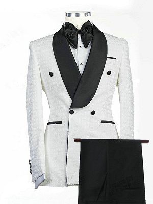 Drew White Jacquard Double Breasted Shawl Lapel Wedding Groom Suits_1