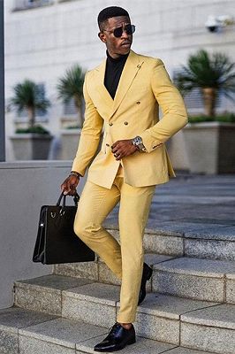 Jaxson Yellow Double Breasted Peaked Lapel Prom Men Suits_1