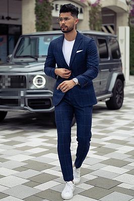 Calvin Dark Navy Plaid Notched Lapel Men Suit_1