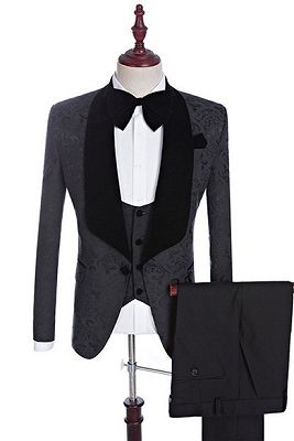 Xander Black Jacquard Three-Pieces Shawl Lapel Wedding Suits for Men