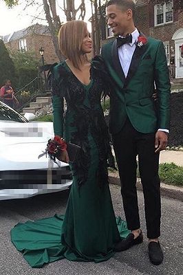 Dark Green Men's Suits for Prom | 2 Piece Black Satin Lapel Wedding Tuxedo