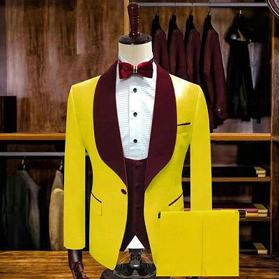 Pedro Yellow One Button Wedding Groom Suits with Velvet Lapel_2