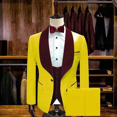 Pedro Yellow One Button Wedding Groom Suits with Velvet Lapel