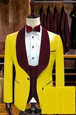 Pedro Yellow One Button Wedding Groom Suits with Velvet Lapel