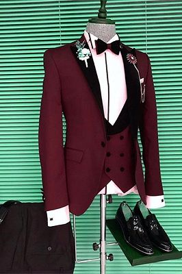 Devon Slim Fit Burgundy Three Pieces Men Suits with Black Peaked Lapel