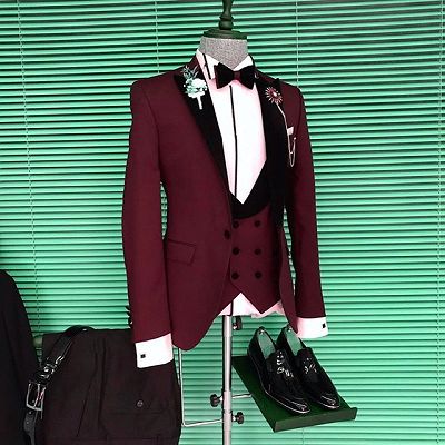 Devon Slim Fit Burgundy Three Pieces Men Suits with Black Peaked Lapel