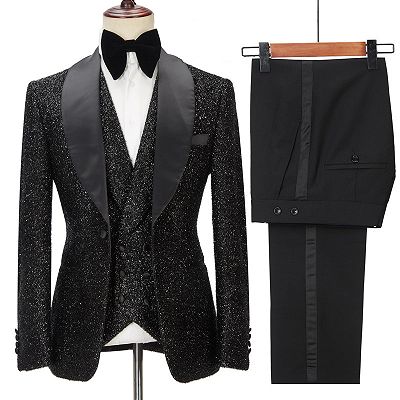 Kane Sparkly Black Three Pieces Shawl Lapel Bespoke Wedding Suit for Men