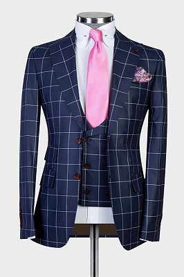 Justice Dark Navy Plaid Peaked Lapel Slim Fit Men Suits for Business_1