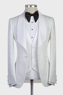 Jacoby Bespoke Three-Pieces White Jacquard Shawl Lapel Wedding Tuxedo