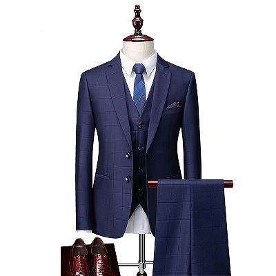 Javon Dark Navy Plaid Slim Fit Three Pieces Notch Lapel Men Suits_3