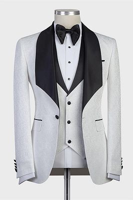 Paxton White Three-Pieces Jacaquard Wedding Groom Suits with Black Shawl Lapel