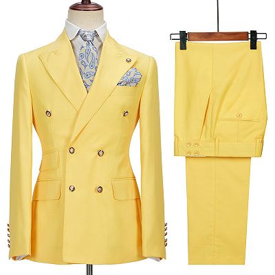 Brodie Yellow Double Breasted Peaked Lapel Slim Fit Bespoke Men Suits_3