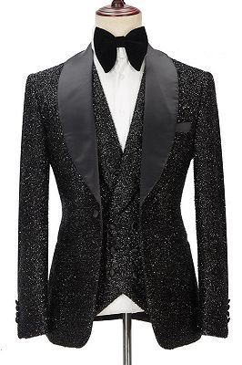 Kane Sparkly Black Three Pieces Shawl Lapel Bespoke Wedding Suit for Men