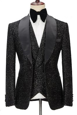 Kane Sparkly Black Three Pieces Shawl Lapel Bespoke Wedding Suit for Men_1