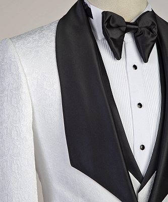 Paxton White Three-Pieces Jacaquard Wedding Groom Suits with Black Shawl Lapel_3