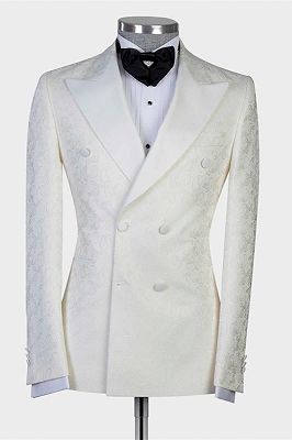 Mekhi White Jacquard Double Breasted Peaked Lapel Wedding Suit for Men