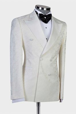 Mekhi White Jacquard Double Breasted Peaked Lapel Wedding Suit for Men