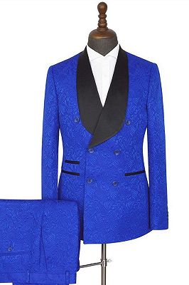 Ramon Royal blue Shawl Lapel Slim Fit Double Breasted Jacquard Wedding Suits_1
