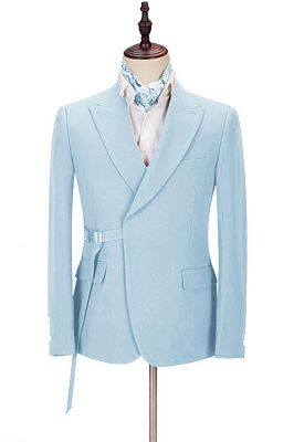 Justin Bespoke Sky Blue Peaked Lapel Men Suits with Adjustable Buckle_1