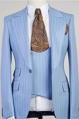 Isiah Fashion Blue Stripe Peaked Lapel Three Pieces Men Suits