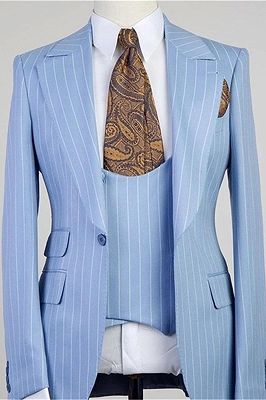 Isiah Fashion Blue Stripe Peaked Lapel Three Pieces Men Suits_1