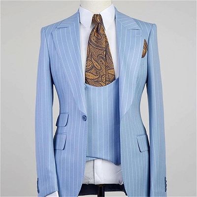 Isiah Fashion Blue Stripe Peaked Lapel Three Pieces Men Suits