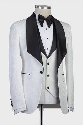 Paxton White Three-Pieces Jacaquard Wedding Groom Suits with Black Shawl Lapel