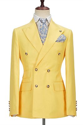 Brodie Yellow Double Breasted Peaked Lapel Slim Fit Bespoke Men Suits_1