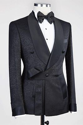 Ernesto Black Double Breasted Shawl Lapel Jacuqard Wedding Suit