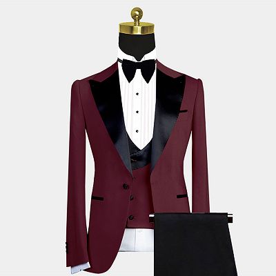 Bryant New Arrival Burgundy Slim Fit Prom Men Suits with Black Lapel