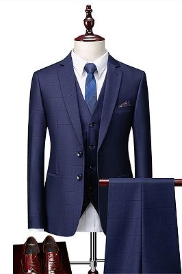 Javon Dark Navy Plaid Slim Fit Three Pieces Notch Lapel Men Suits_1