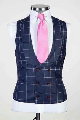 Justice Dark Navy Plaid Peaked Lapel Slim Fit Men Suits for Business_2