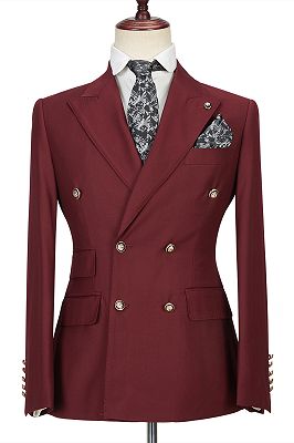 Luman Stylish Double Breasted Burgundy Peak Lapel Men's Formal Suit