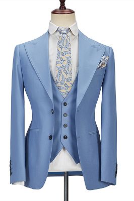Gentle Blue Peak Lapel Men's Suit | 3 Piece Men's Formal Suit without Flap