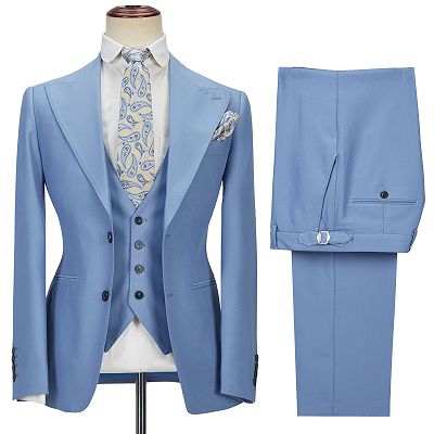 Gentle Blue Peak Lapel Men's Suit | 3 Piece Men's Formal Suit without Flap_5