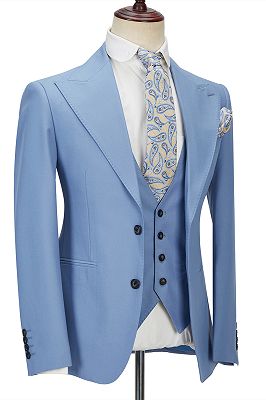 Gentle Blue Peak Lapel Men's Suit | 3 Piece Men's Formal Suit without Flap