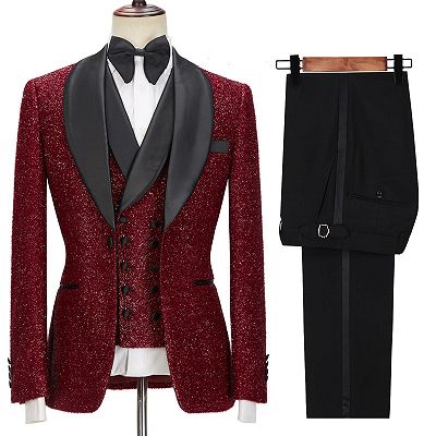 Damon Sparkle Red Three Pieces Wedding Suits with Black Shawl Lapel_3