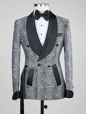 Khalil Gray Double Breasted Jacquard Wedding Men Suits with Black Lapel_1