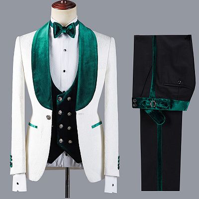 Jeffery Fashion Jacquard Three Pieces White Wedding Suit with Green Lapel_3