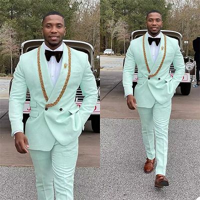 Conor Mint Green Fashion Shawl Lapel Double Breasted Wedding Suits with Appliques