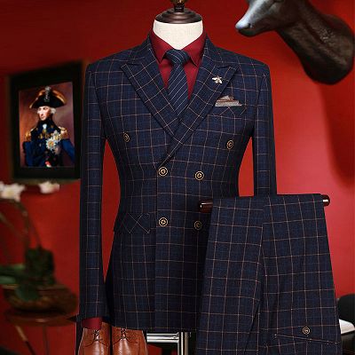Terry Dark Blue Plaid Peaked Lapel Double Breasted Prom Suits_2