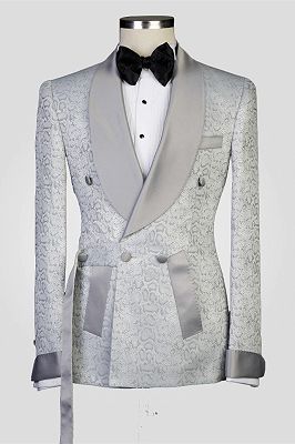Braiden Silver Shawl Lapel Double Breasted Jacquard Wedding Suits_1